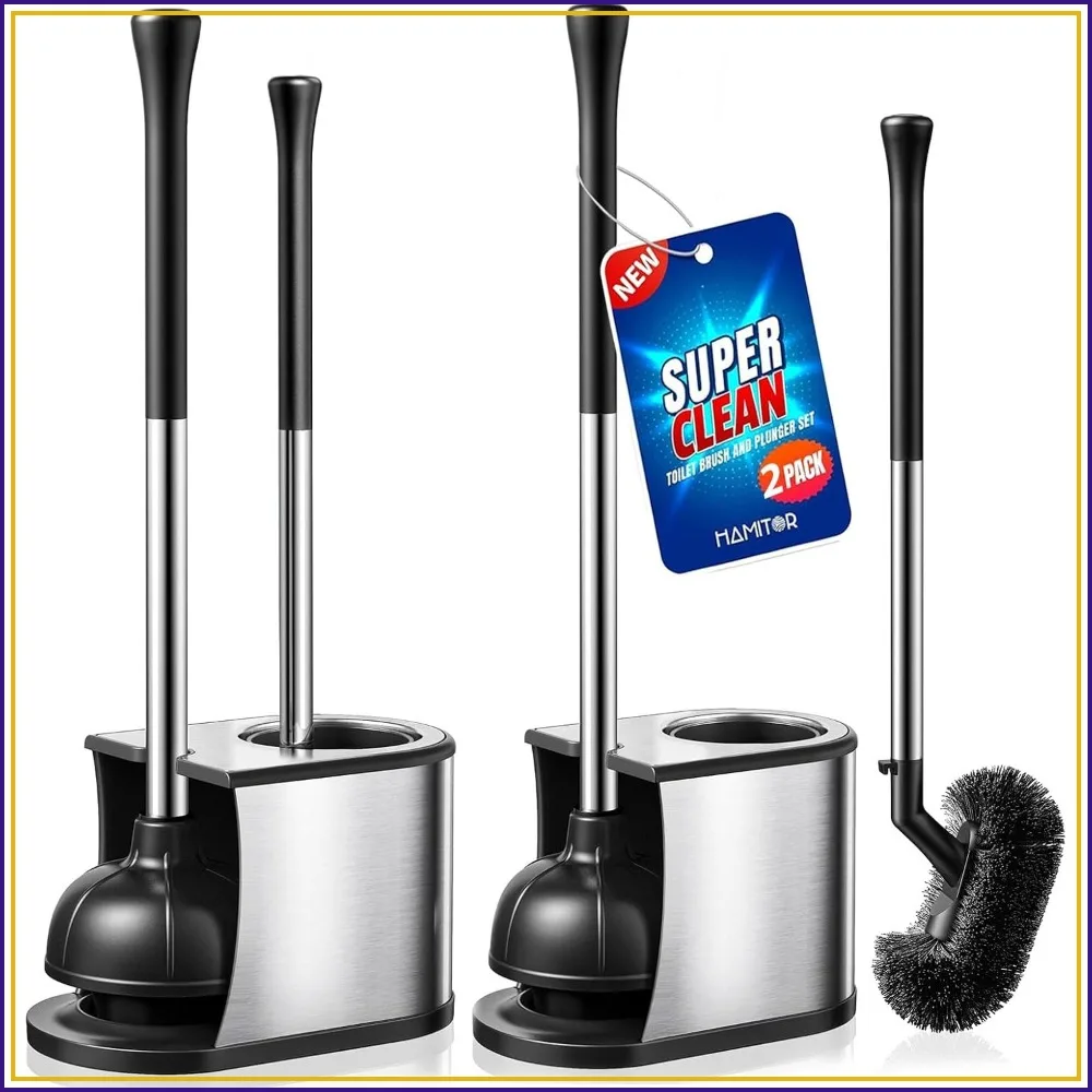 

2-in-1 Toilet Plunger and Brush Set, Stainless Steel Bowl Brush with Holder, Deep-Cleaning Curved Bristles, Heavy Duty Unclogger, Compact Design for Household & Hotel, 2-Pack