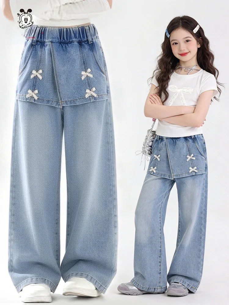 high-waist-wide-leg-denim-pants-for-girls-spring-new-loose-fit-straight-leg-jeans-two-piece-suit-effect-children's-clothing