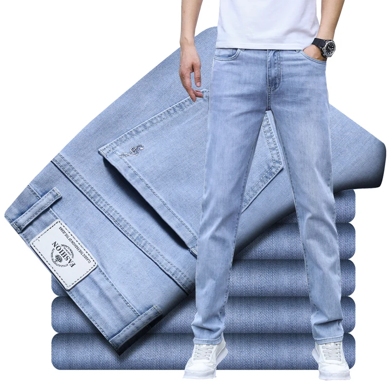 

Nice Pop Mens Jeans Smart Casual Regular Fit Light Blue Youth Fashion Elasticity Straight Jeans Trousers Plus Size 28-40