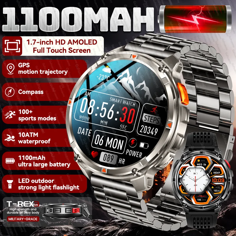 

2025 New Outdoor 1100mAh Large Battery Watches Men GPS Compass Waterproof Sports Smart Watch Bluetooth Call AMOLED HD Smartwatch