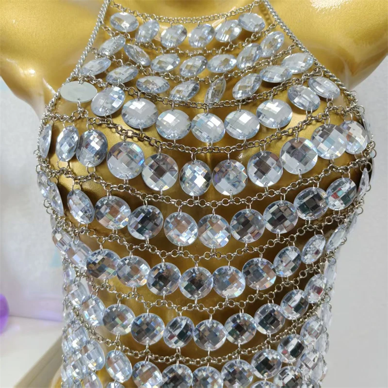 Damen Silber Mehrschichtiges Strass-Neckholder-Crop-Top Sexy Kristall-Körperkette Weste Festival Party Nachtclub Schmuck Damenkleid – Detail 7