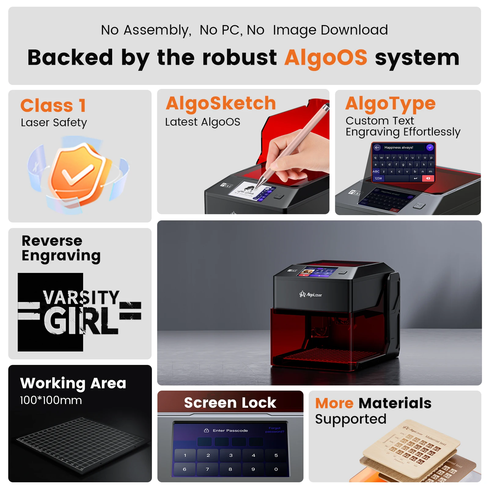 آلة النقش بالليزر Algolaser Pixi 3W مع شاشة تعمل باللمس أداة آلة النقش بالليزر الصغيرة الذكية فئة 1 مغلقة بالليزر بالكامل