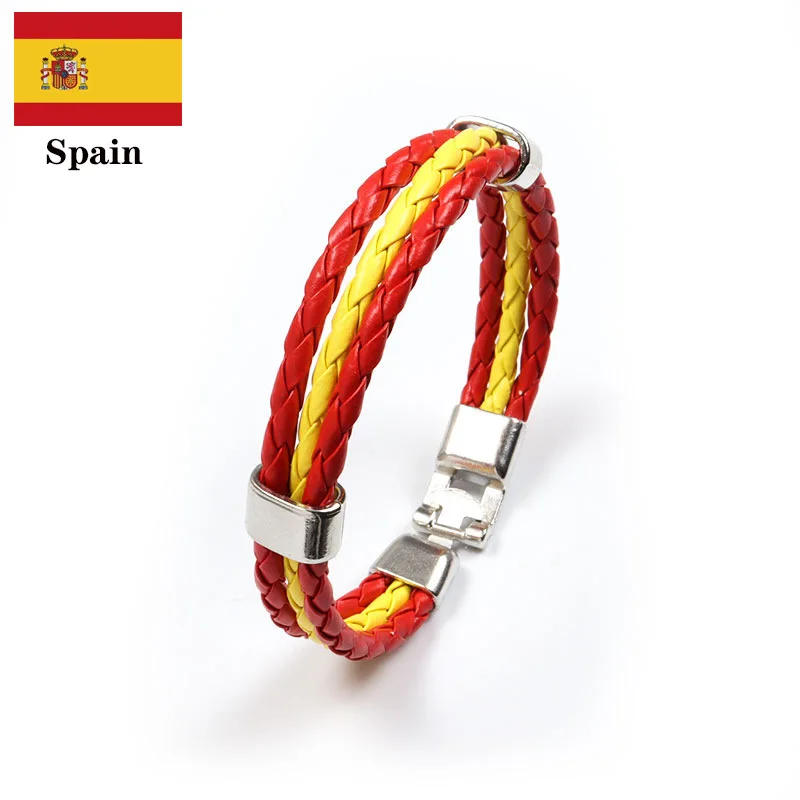 Stainless Steel Woven National Flag PU Leather Bracelet Football Worldwide Country Bracelet Spain France Italy Colombia Bracelet