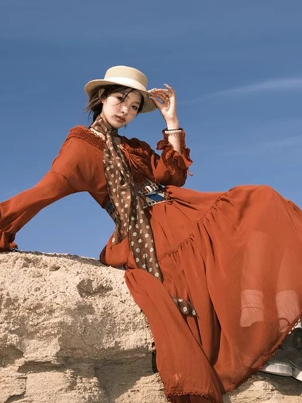 

N Красная женская длинная юбка трапециевидной формы с застежкой на талии, лето 2021, драпировка Vaion, этническая юбка V-Ne Long Sve Dr