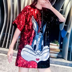 Fashion Summer Sequin O-Neck Tops Cartoon Sequins Short-Sleeved T-Shirt Skirt Summer Women's Loose Long Tees All-Match Clothes