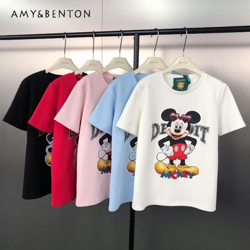 

Korean Style Original Top Fashion Cartoon Rhinestone Print Tshirts Loose Versatile Trendy Short Sleeved T-shirt For Women's Tees