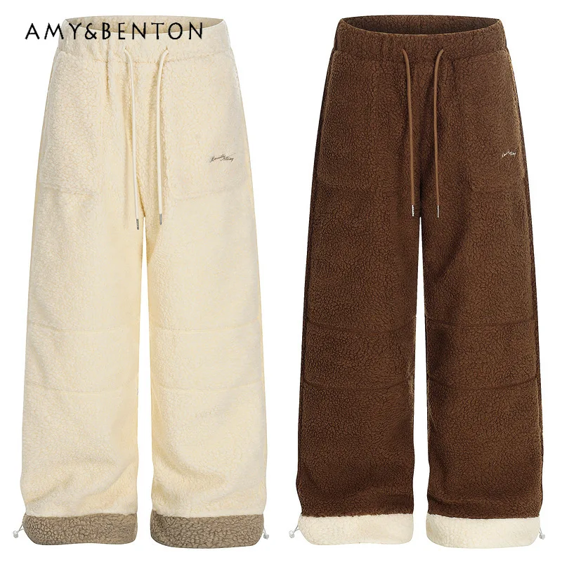 

American Splicing Color-Block Lamb Wool Cotton Women's Trousers Autumn Winter Loose Thickened Warm Wide-Leg Straight Pants Girl