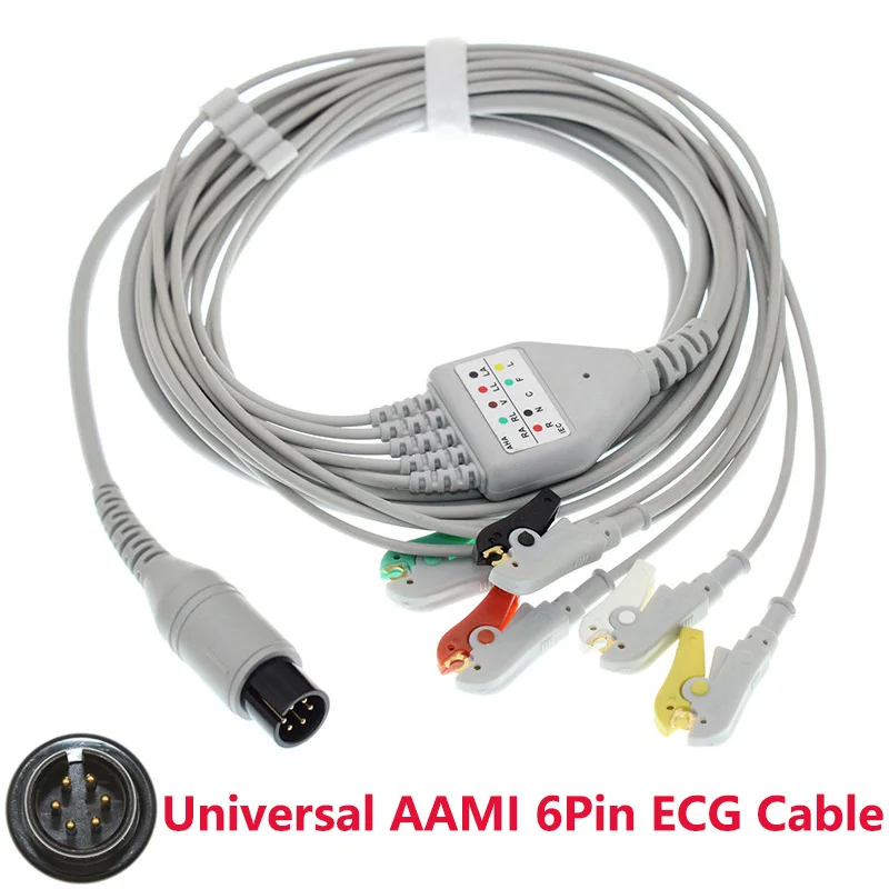 Universal ECG 3/5 Lead Cable Electrode Leadwire AAMI 6Pin Plug Compatible Biolight Contec Goldway Carewell MEK Comen Monitor.