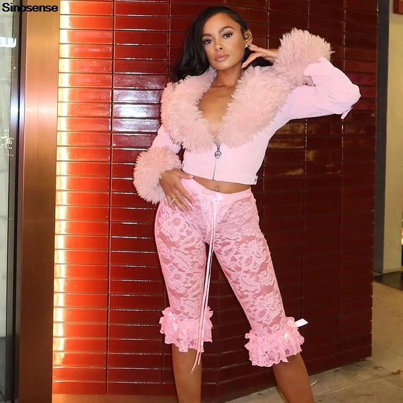 Kobiety Seksowne Kwiatowe Koronkowe Przezroczyste Siatkowe Spodnie Ruffle Rozciągliwe Rajstopy Długość do kolan Capri Pant Y2K Night Out Club Party Pants