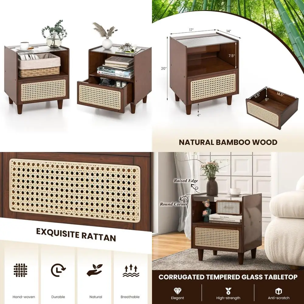 

Rattan Nightstand Set of 2, Bohemian Bamboo Bedside Tables with Tempered Glass Tops and Solid Wood Legs, 20 End Tables