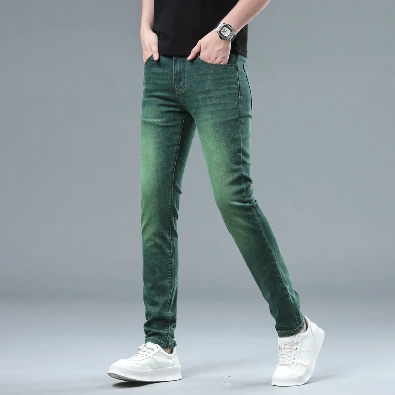 Betaalbare Luxe Mode Jeans Heren Stretch Casual Business All-Match Slim Fit Voeten High-End Groen Gewassen Broek