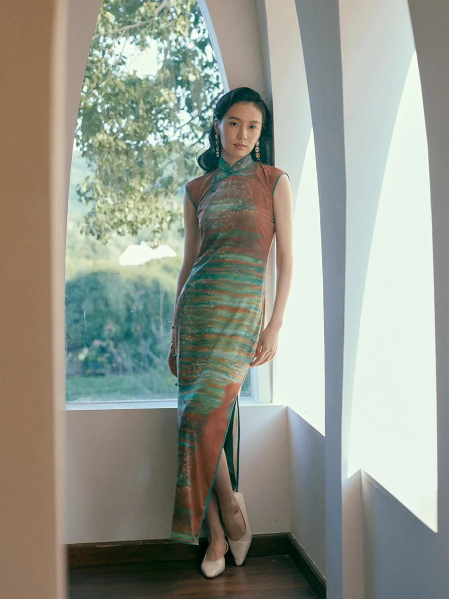 

Long Vintage Sle Lace Trimmed Svel Full Slit Two-Piece Set Daily Wear Floral Print