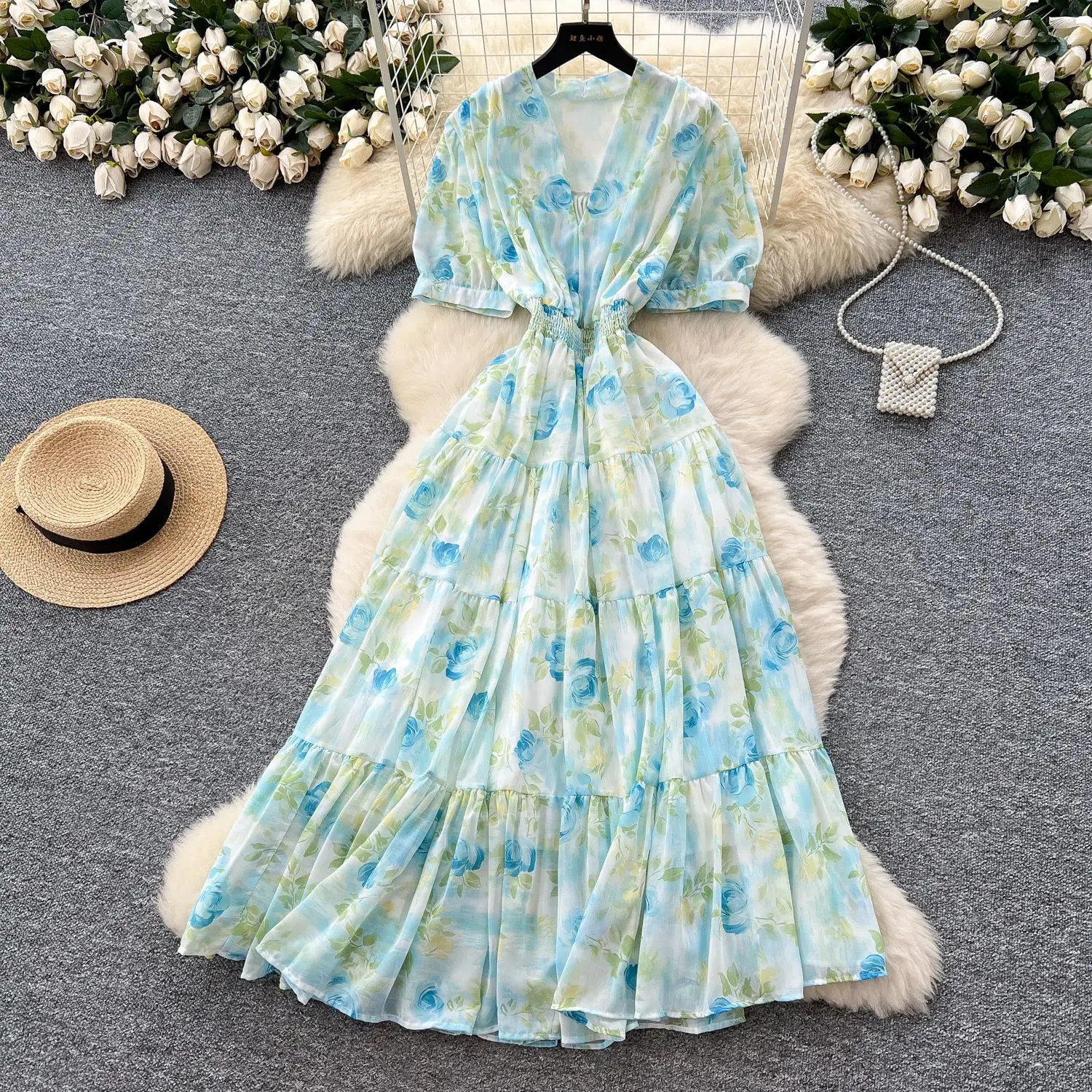 

Party Floral Dress Women Vintage Puff Sleeved Folds Long Dresses V Neck Gown Tight Waist A Line Casual Vestidos Lady Summer