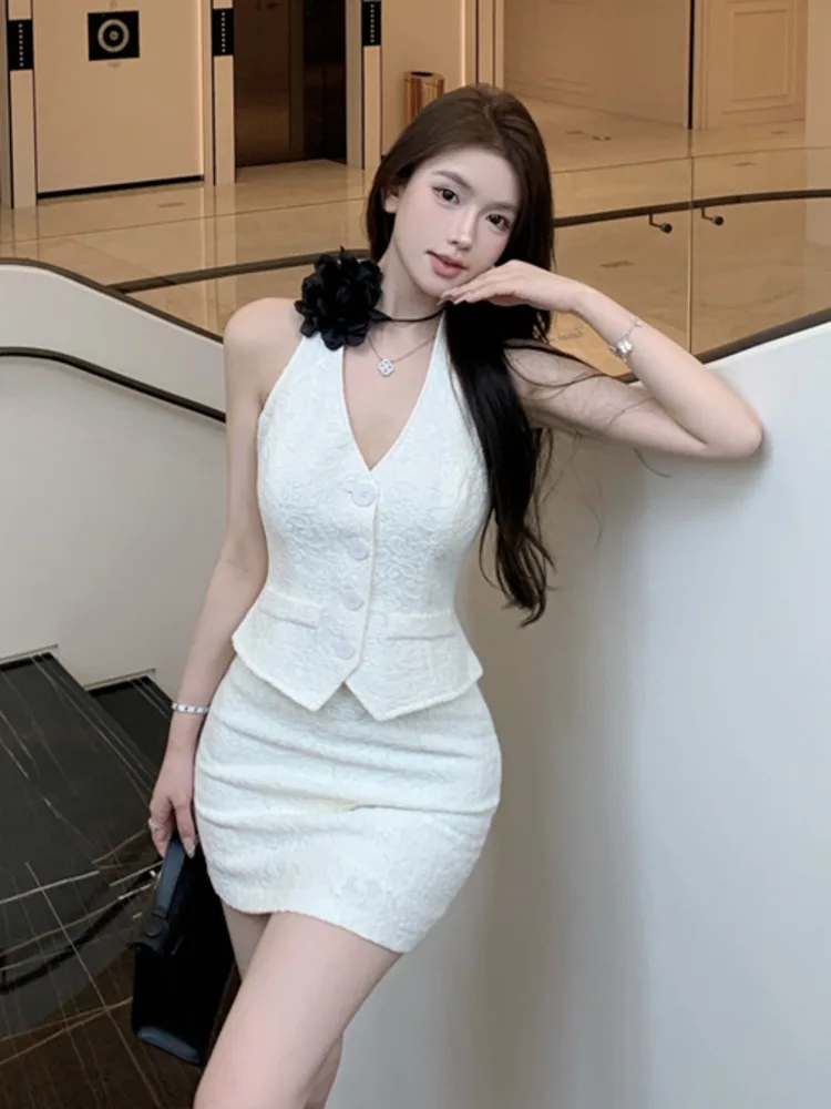 Summer New Small Fragrance Two Piece Set For Women Hotsweet Sexy Backless Vest Top + High Waist Skirts Sets Sweet Skirt Suits