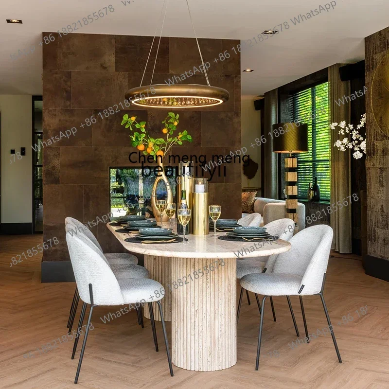 M178 French Cream Light Luxury Marble Oval Dining Table Wabi Sabi Roman Travertine Home Restaurant