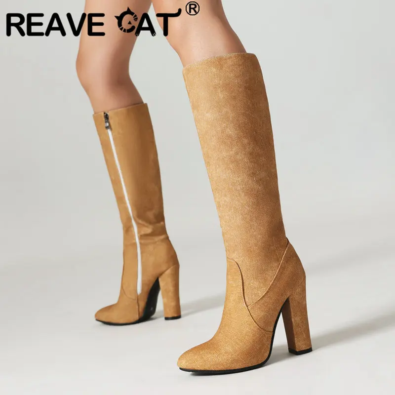 

REAVE CAT Fashion Female Long Boots Pointed Toe Block High Heels 11cm Zipper Classic Dating Shoes Knee High Bota Plus Size 45 46