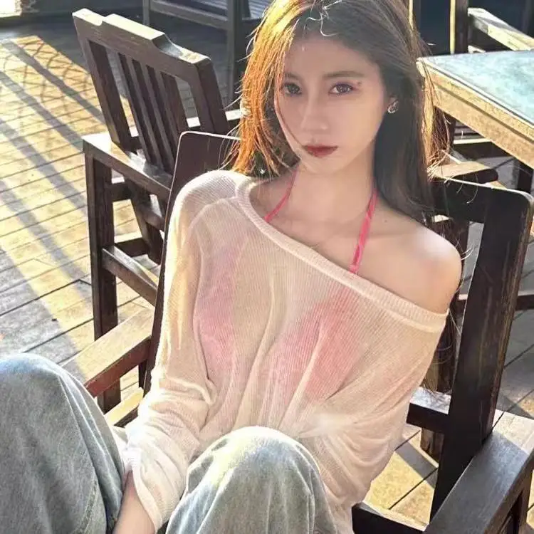 

White oulder Bared Ice Silk Knitted Cover up Summer Bikini Swimsuit Women's Thin Outerwear Long Sve Top for Swimming