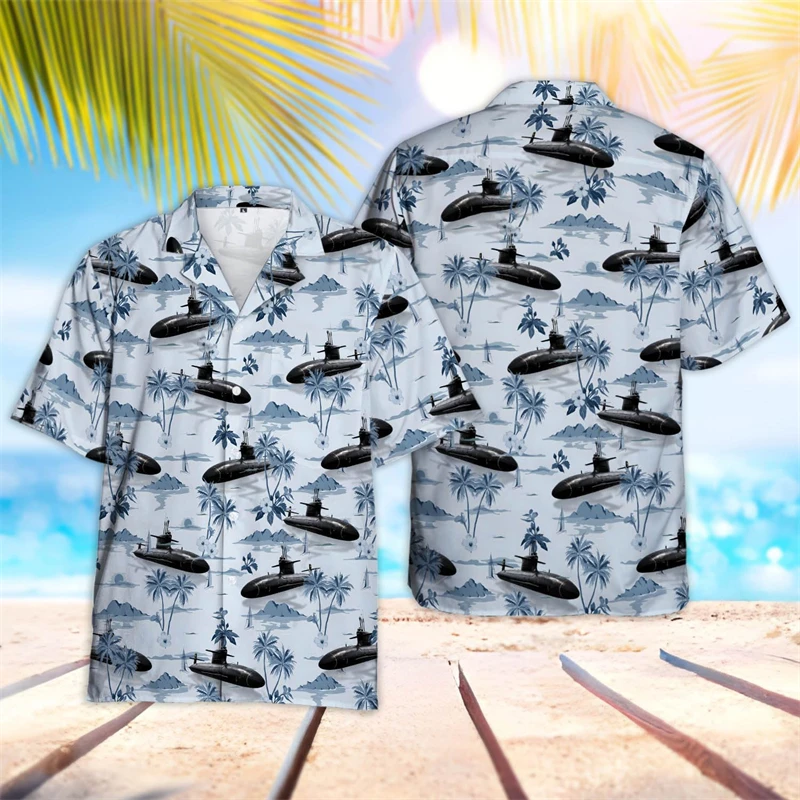 

Fashion Submarine Graphic Mens Shirts Clothes Hip Hop Male Beach Shirt Sailor Ship Lapel Blouse Surfing Boat Boy Blouses Tops