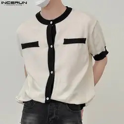 INCERUN Men Shirt O-neck Short Sleeve Knitted Patchwork Casual Men Clothing Streetwear 2024 Summer Leisure Male Shirts S-5XL