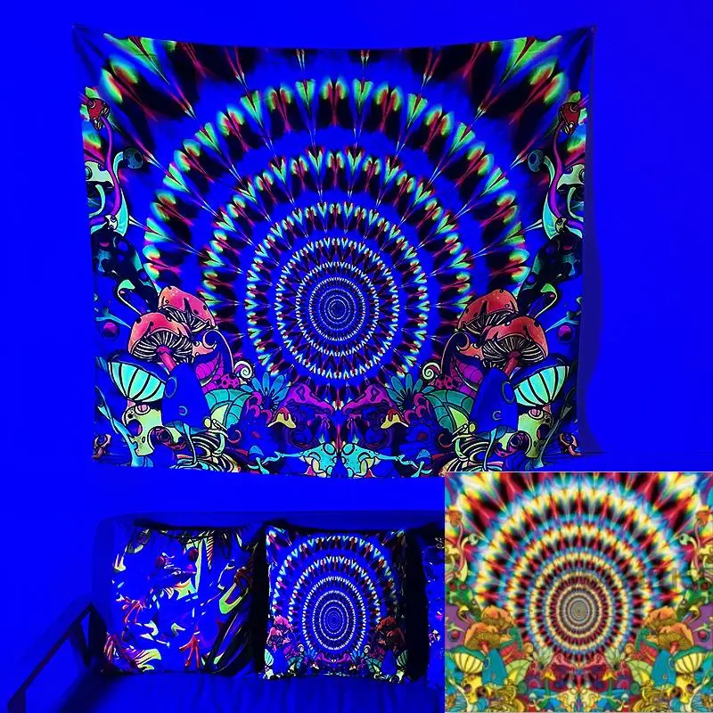 Custom Blacklight Tapestry UV Reactive Trippy Hippie Black Light Tapestry Aesthetic Wall Decor Neon Tapestries Party Backdrops