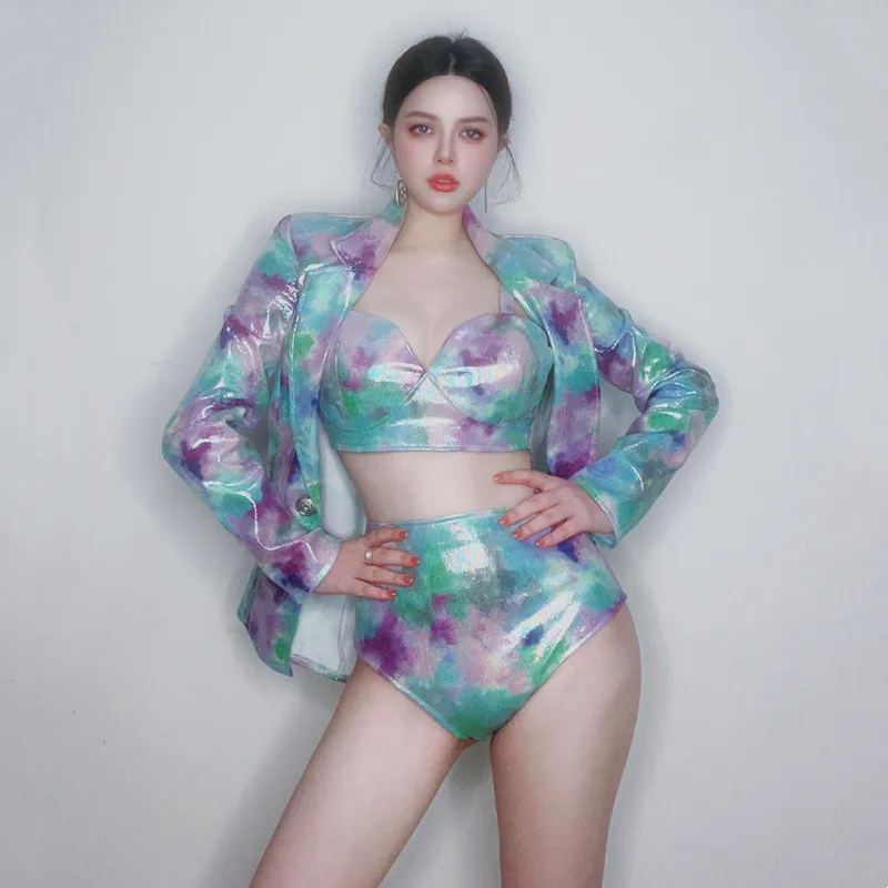 Women's Colorful Leather Bikini Blazers Rave Outfit Stage Performance Dance Costume Nightclub Bar Party Performance Clothes