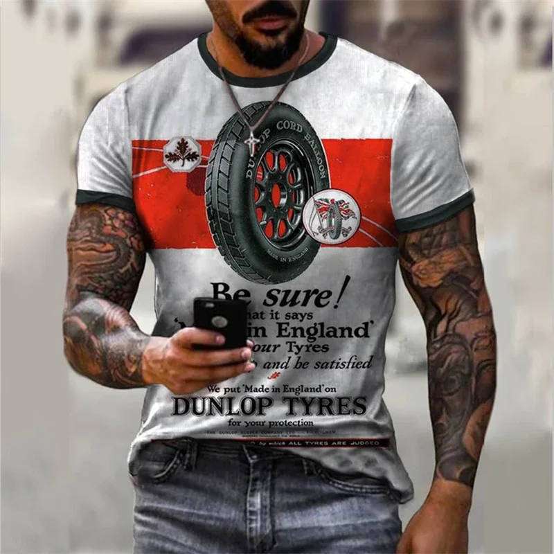 Herren-T-Shirt mit Vintage-Dunlop-Reifen-Aufdruck, lässig, Rundhalsausschnitt, kurze Ärmel, Retro-Auto-Grafik-Oberteil