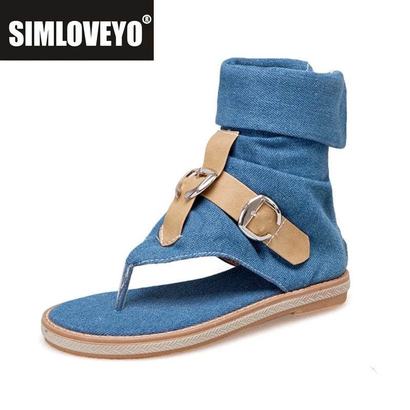 

SIMLOVEYO Летние ботинки Джинсы Сандалии на плоской подошве Женская тканевая обувь Ремешок-гладиатор Клипса Носок Римская молния Большой размер 41 42 43 US12 Черный