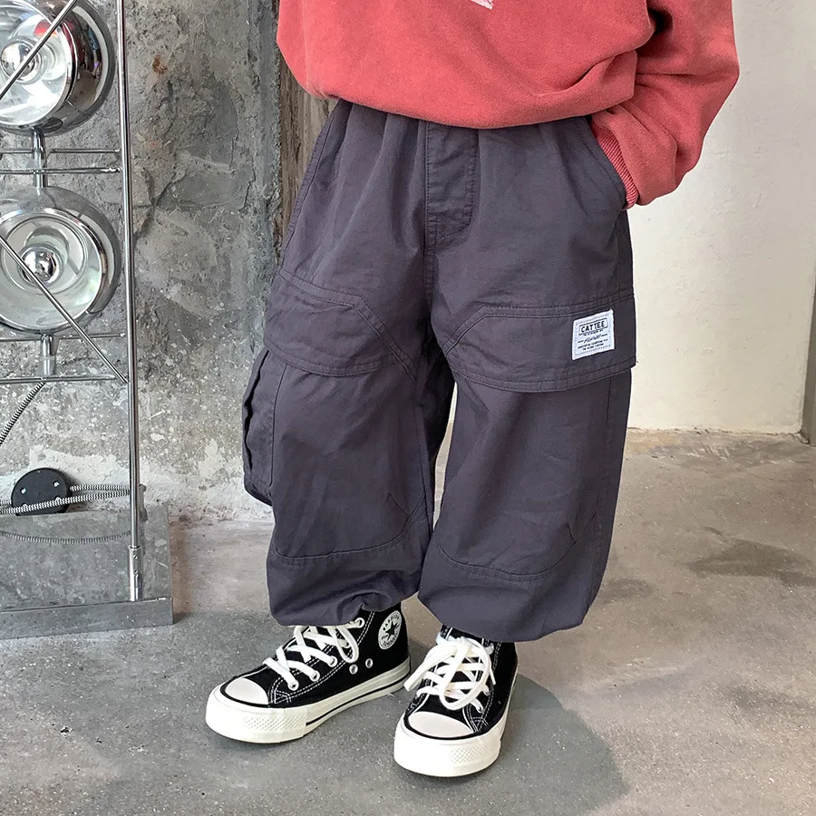 New Spring Autumn Cargo Pants for Boys Casual Loose Trousers with Big Pocket Children Elastic Waist Sport Running Pants 3-14Y