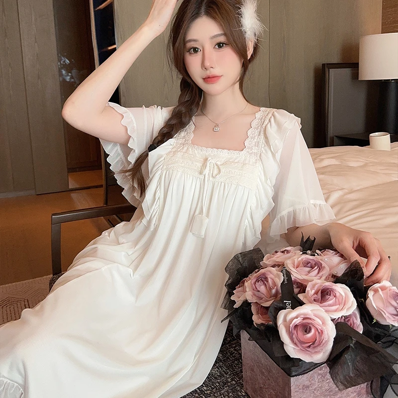 Hot Summer Sweet Lace Princess Short Sleeve Cotton Nightgowns for Women Korean Cute Sleepwear Night Dress Nightdress Home Nighty