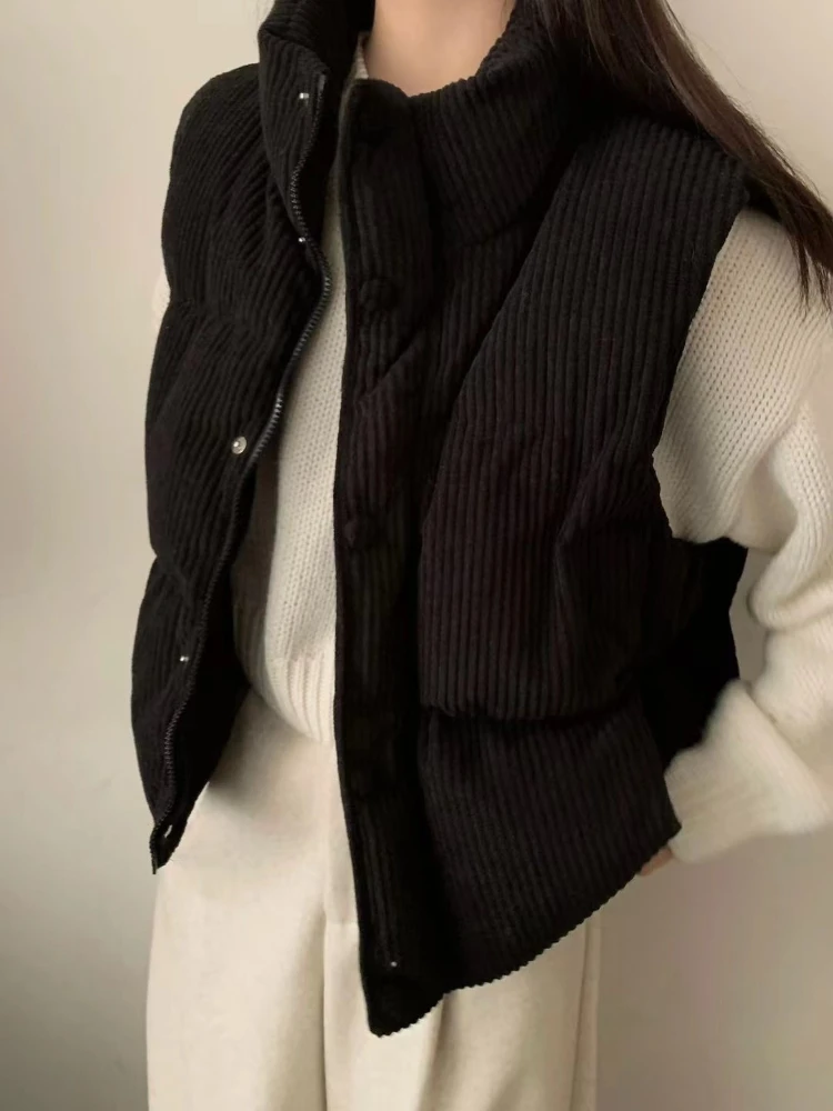 

Vintgae Thick Corduroy Stand-up Collar Down Vest 2025 Fall Winter Korean Sleeveless Jacket Female Y2k Outwear Vest Coats Tops