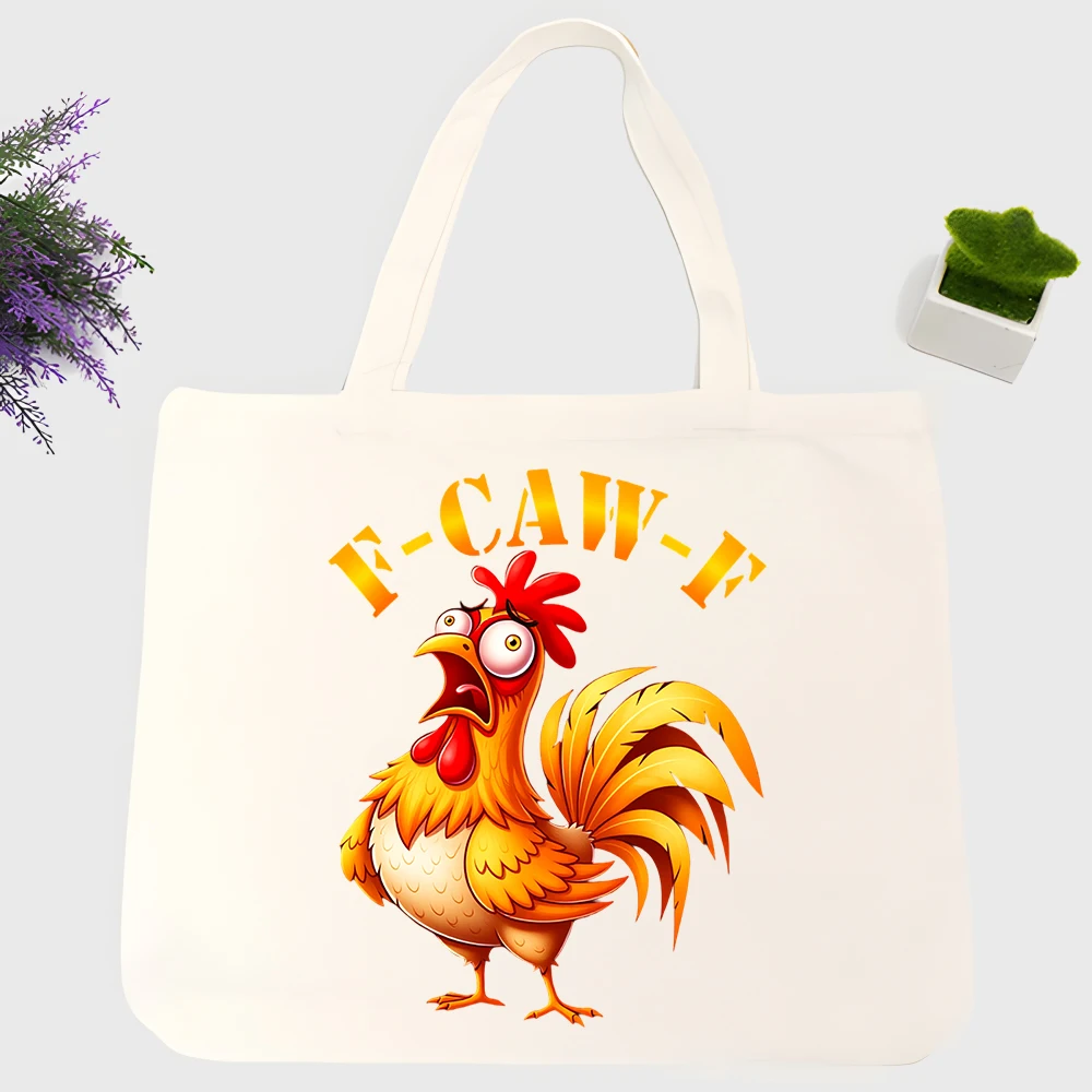 rooster graphic canvas tote bag with letter print, ideal for casual daily use and weekend outings