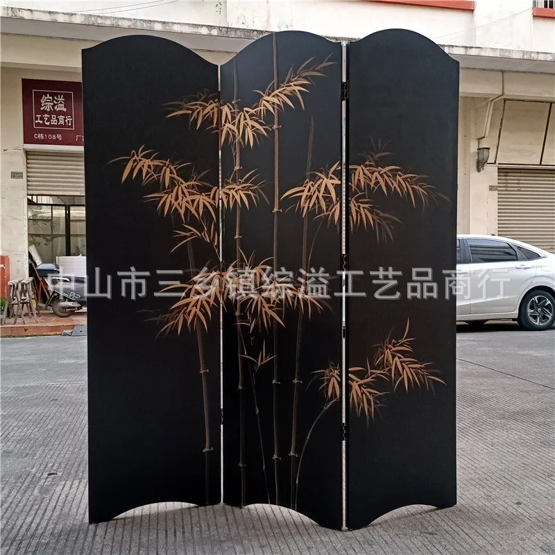 bamboo screen hand-painted new Chinese style, living room office tea room background partition simple mobile folding screen