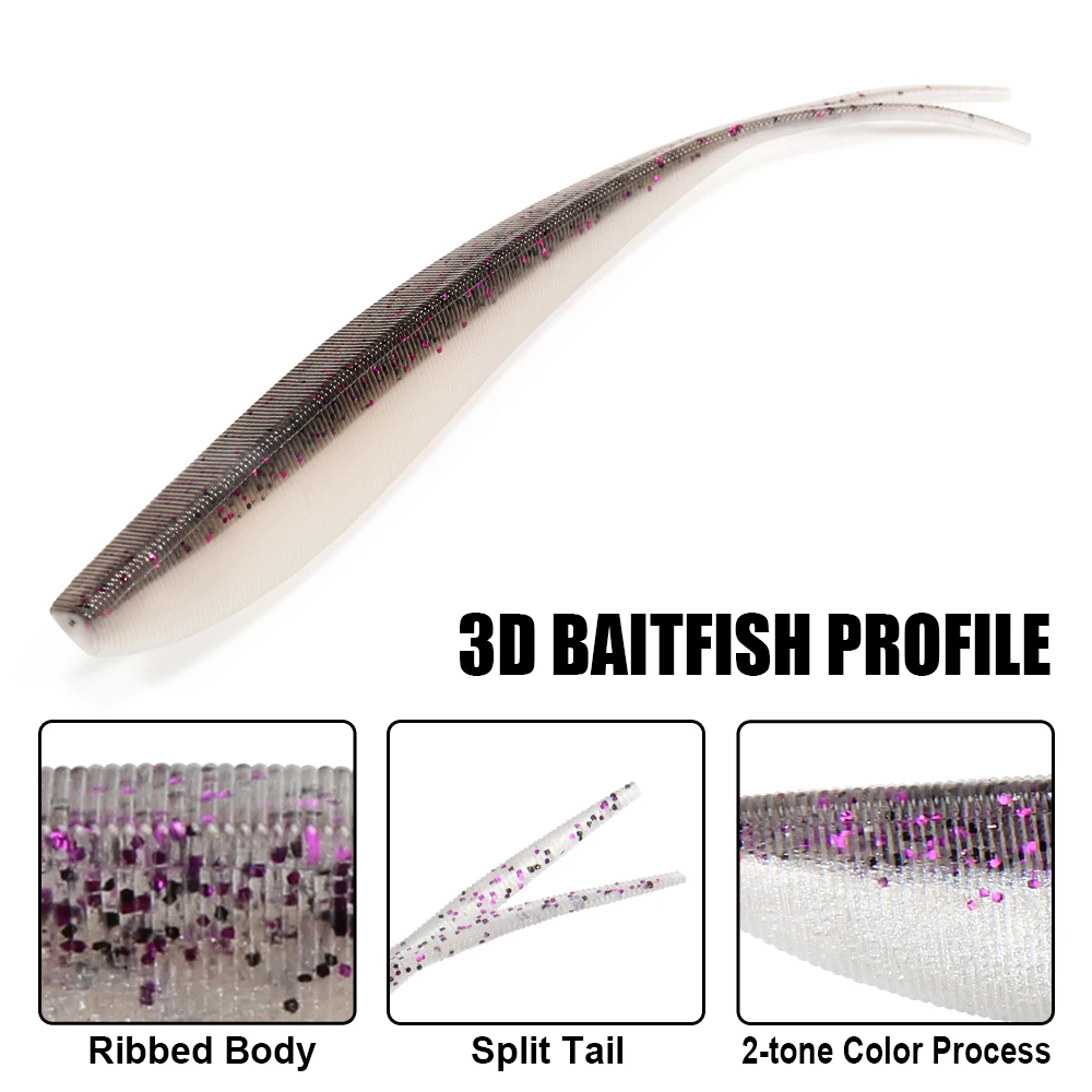 Spinpoler Fluke Soft Jerk Minnow Split Tail Ribbed Lure Artificial Bait Jig Head Drop Shot Rig Saltwater Freshwater Bass Tackle