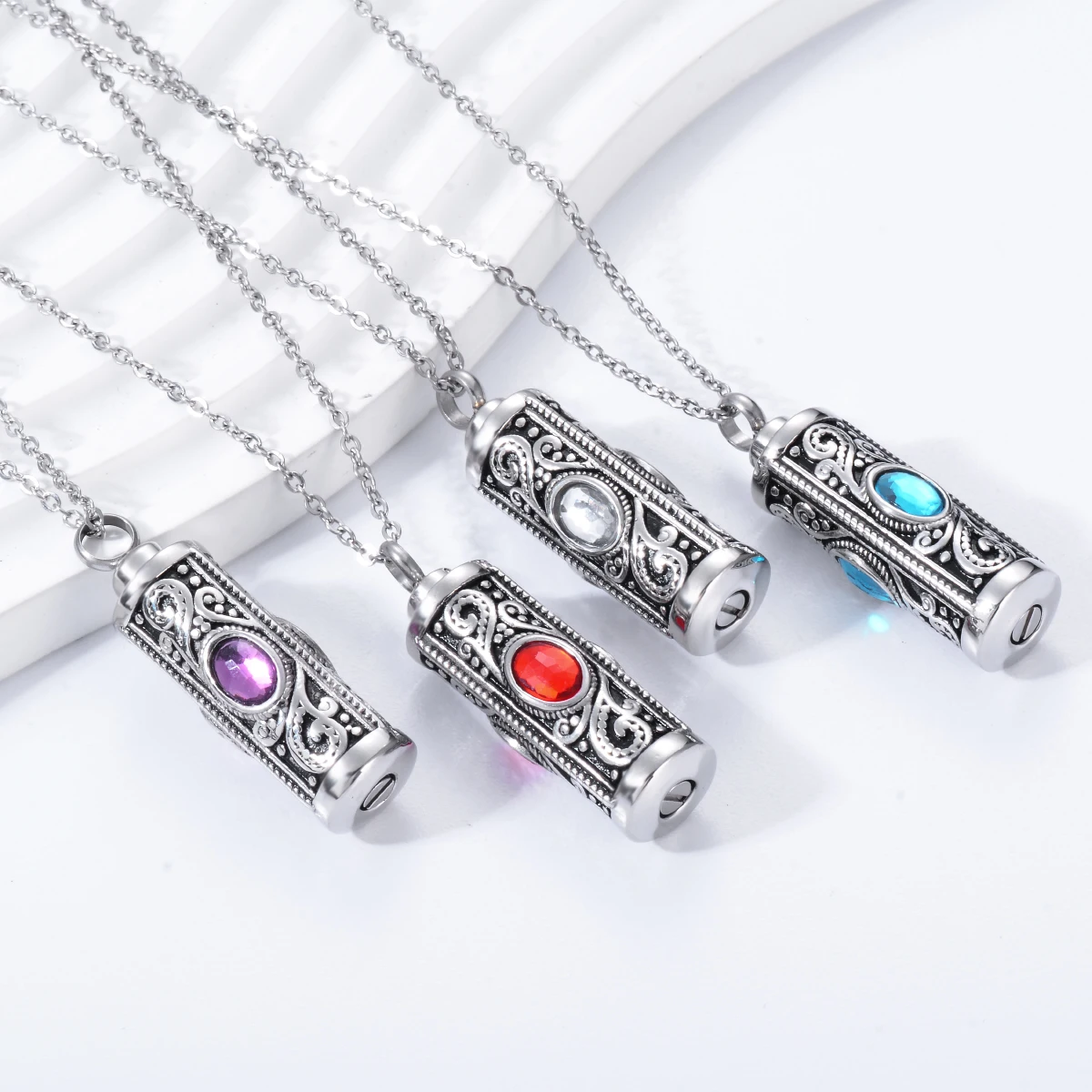 Crystal Stainless Steel Cylinder Cremation Urn Ashes Pendant Necklace Birthstone Memorial Jewelry For Human Dropshipping