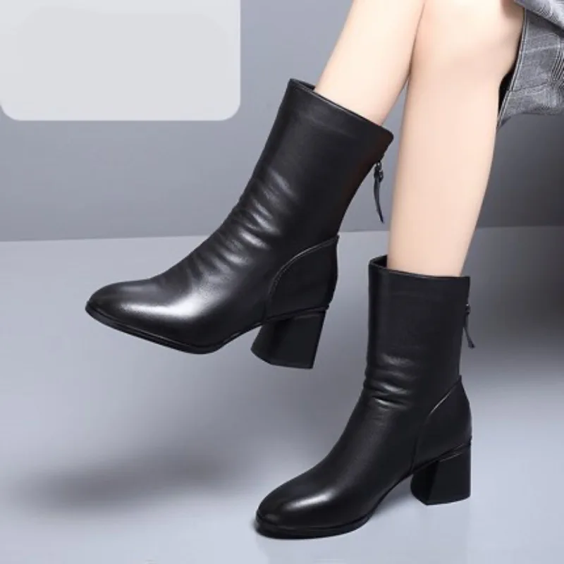 2025 New Women's Mid-calf Boots Fashion Casual Leather Boot High Heel Boots for Women Black Ladies Leather Boot Zapatos De Mujer