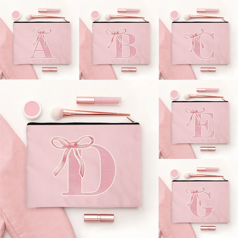 Pink Makeup Bags Initial Letter Cosmetic Zipper Pouch for Sister Girls Beauty School Graduation Travel Organizer Toiletries Bag