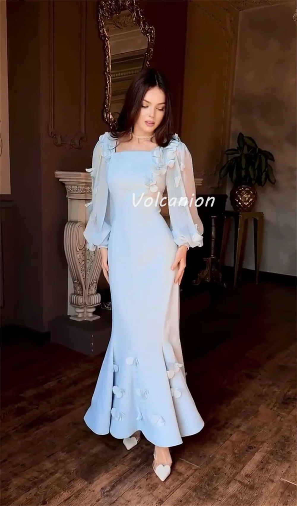 カスタマイズされたモダンなスタイルフォーマルシャルムーズフラワー十字サッシュプリーツマーメイドスクエアネックロングドレスオーダーメイドオケージョンドレス