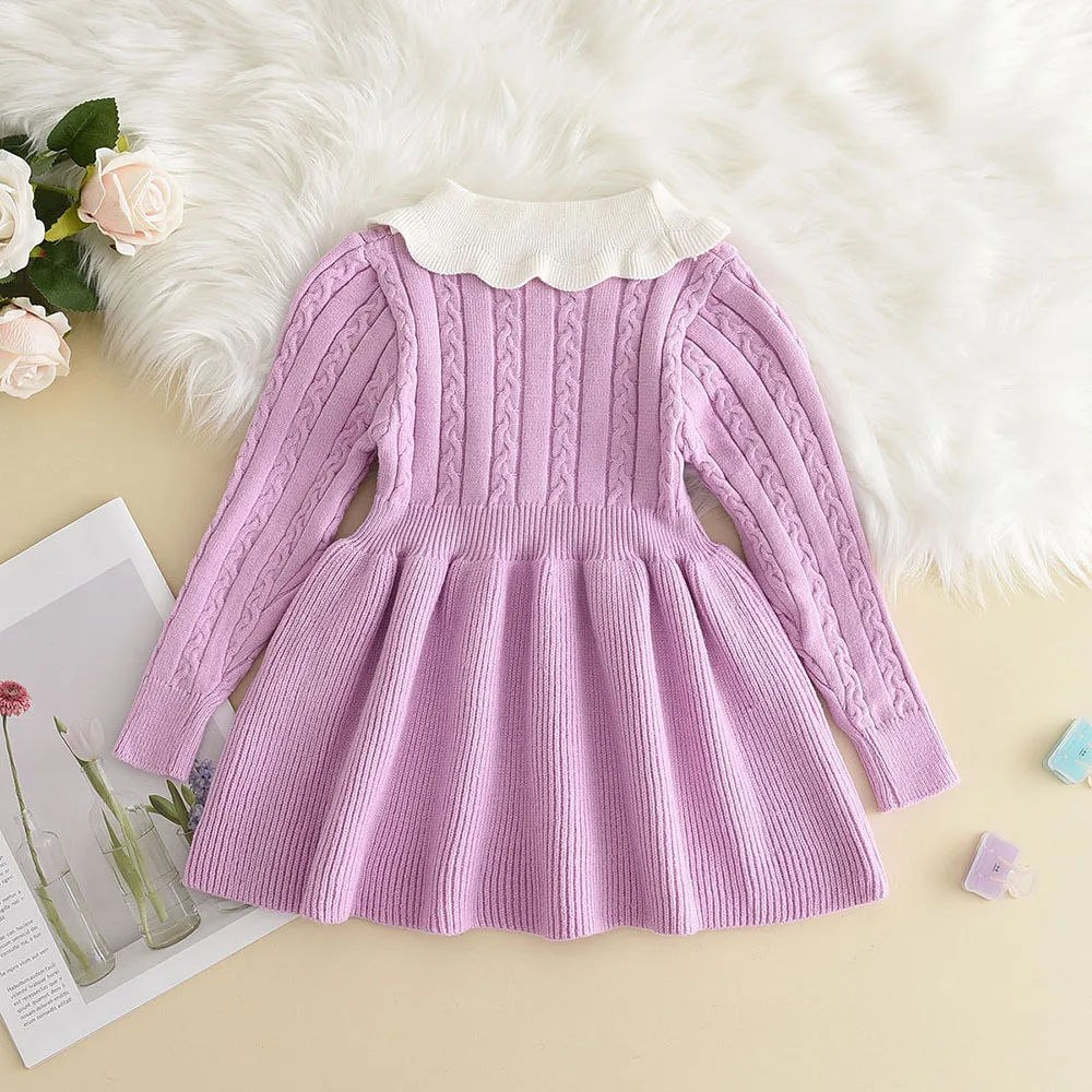 Bear Leader Winter Girls Knitting Wool Long Sleeve Dress Autumn Girls Baby Ruffle Knitted Princess Sweater Dress Casual Clothes