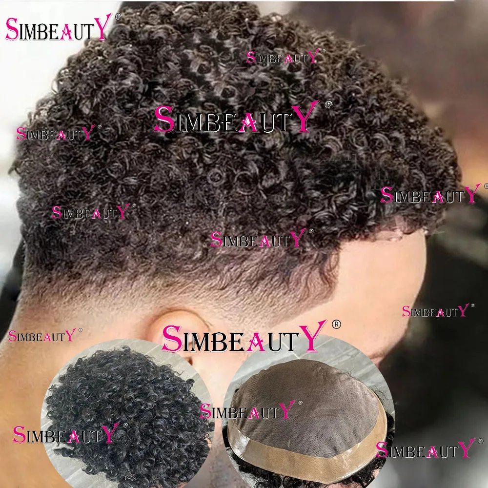 12mm Curly Black Mens Toupee 100% Human Hair Wigs Breathable Mono Lace&Pu Male Prosthesis 10mm Afro Wave Replacement Hairpieces