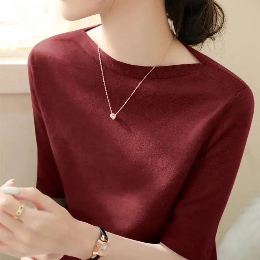 New Summer Mid-sleeve Knit French Sweater Top Slim Half-sleeved Straight Shoulder Collar Base Top Women