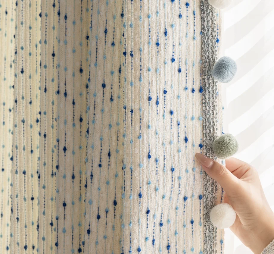 Modern Blue fur ball lace Curtains Dopamine Color Cute Cream Wind Kids Room Romantic Semi Blackout Window Curtain Custom Size