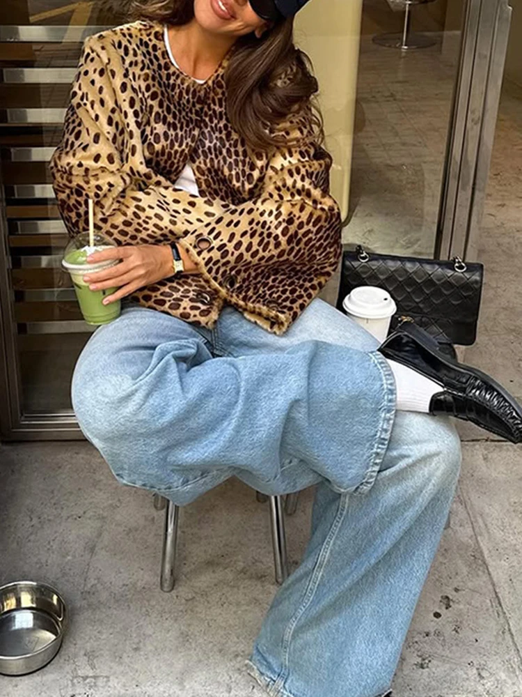 Abrigo informal de piel con una hilera de botones para mujer, abrigo cálido a la moda con estampado de leopardo de calle, prendas de vestir de manga larga con cuello redondo para ir al trabajo