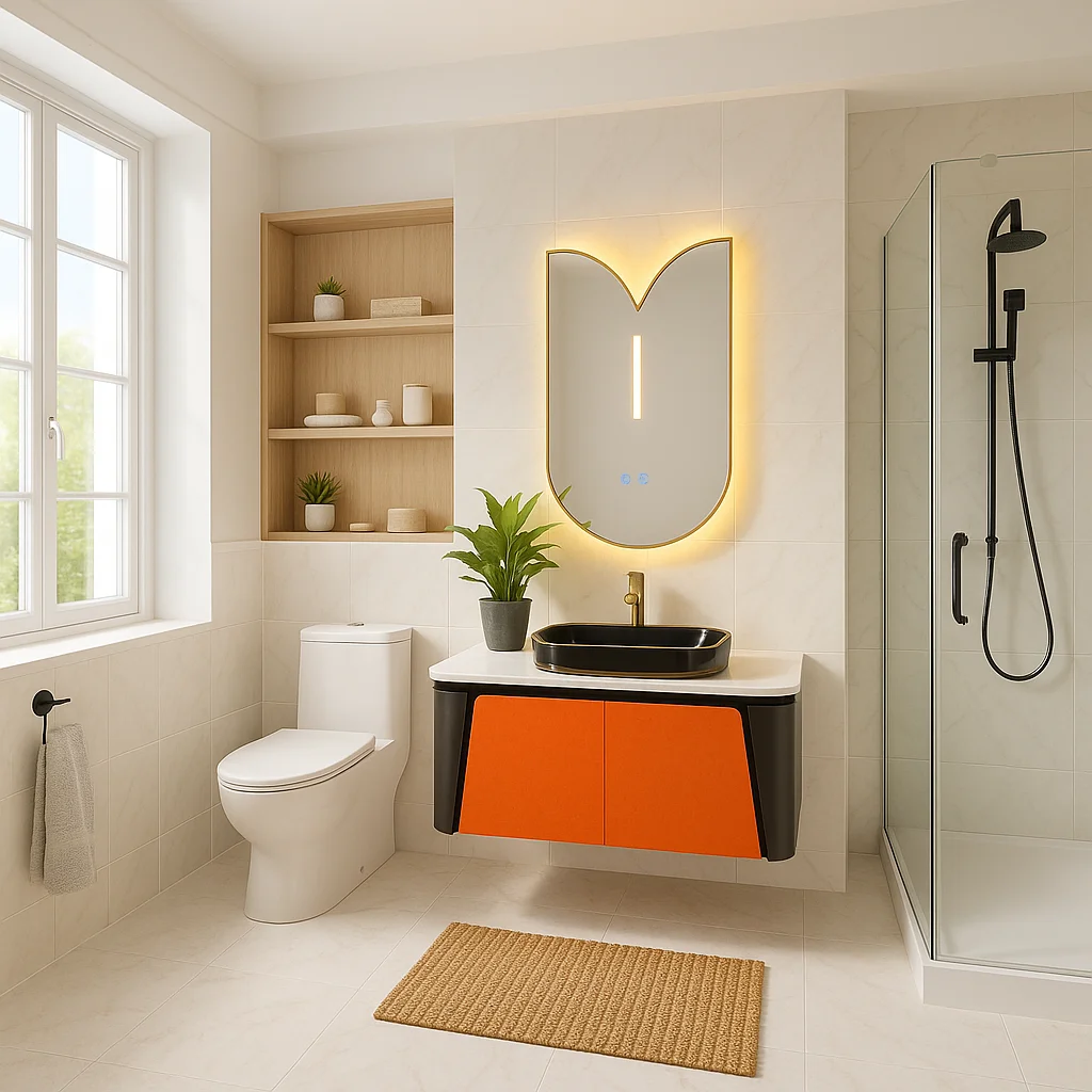 

Изысканный современный навесной шкаф для ванной с изогнутой водонепроницаемой раковиной и подсветкой