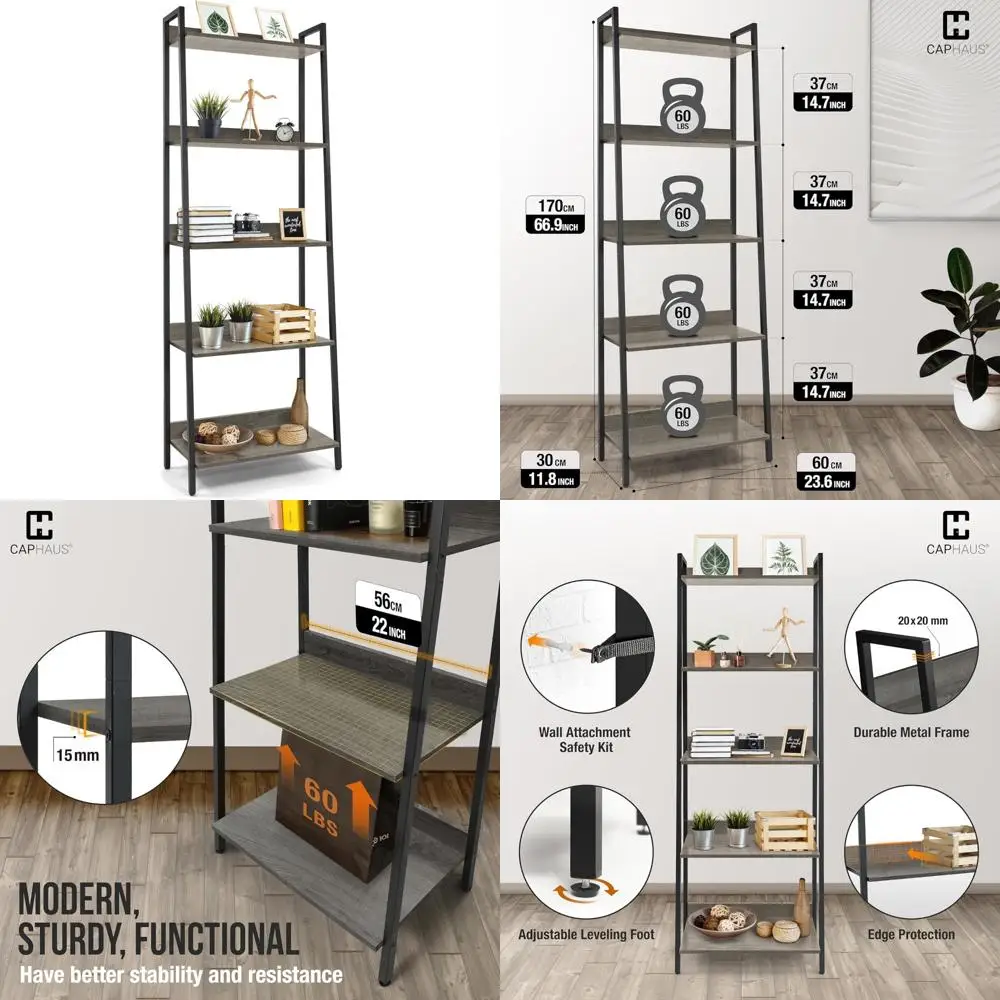 

5-Tier Ladder Bookshelf - 24 Inch Wide Freestanding Storage Rack Organizer, Industrial Style Bookcase for Home Office