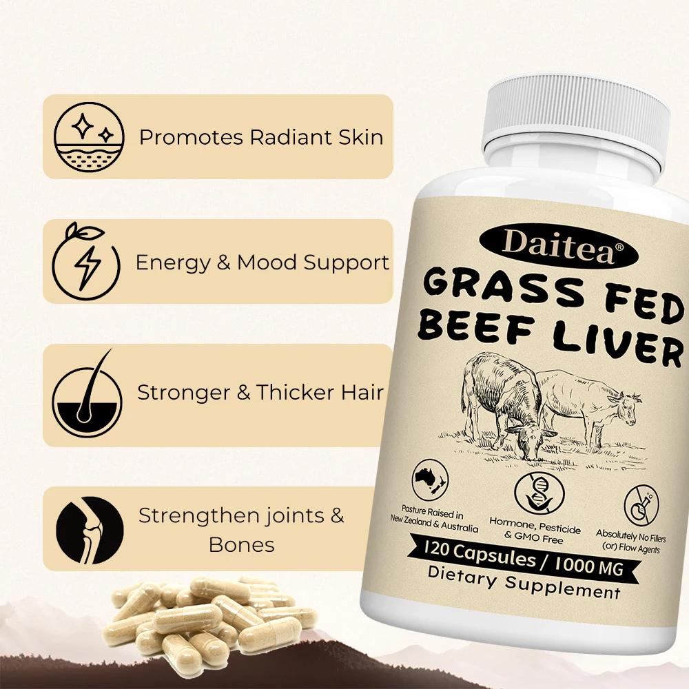 Grass-Fed Beef Liver Capsules, Freeze-Dried Beef Liver Supplement, Support Energy, Heart, Brain, Liver, Joint & Immune Health