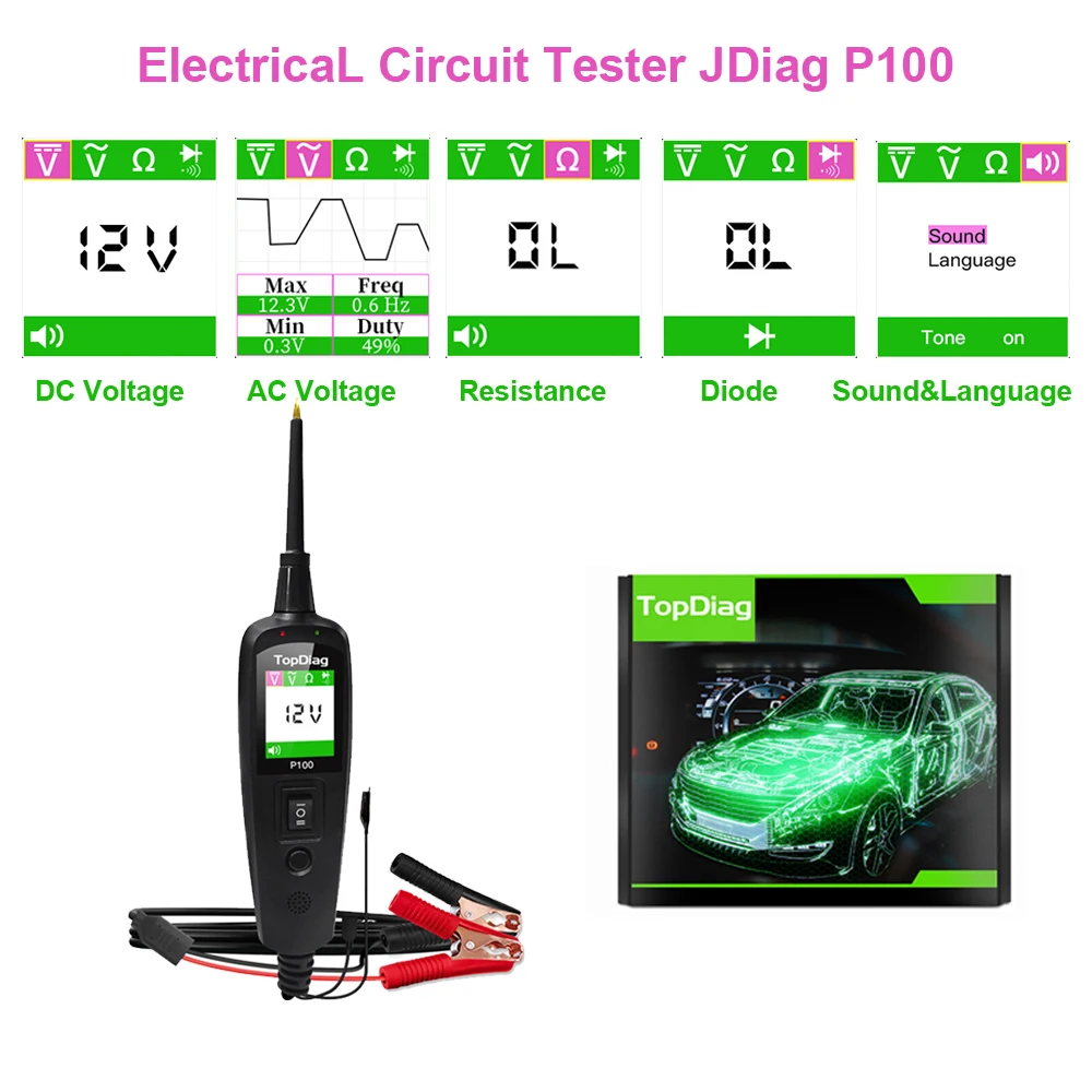 Electrical Circuit Tester JDiag P100 With 2M Extension Cable 0V-70V Automotive Circuit System Tester Multi-Languages