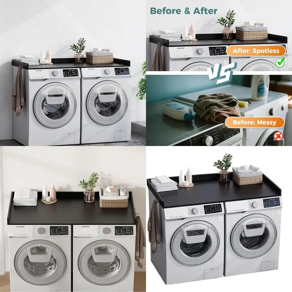 Organizador para lavandería: 27,5 x 54 Encimera de madera negra con rieles de borde para lavadora y secadora