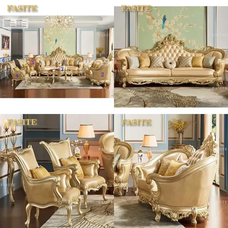 For European Style Living Room Furniture Set Luxury Classic Royal Carved Wooden Solid Leather Sofa Sets Home Decor