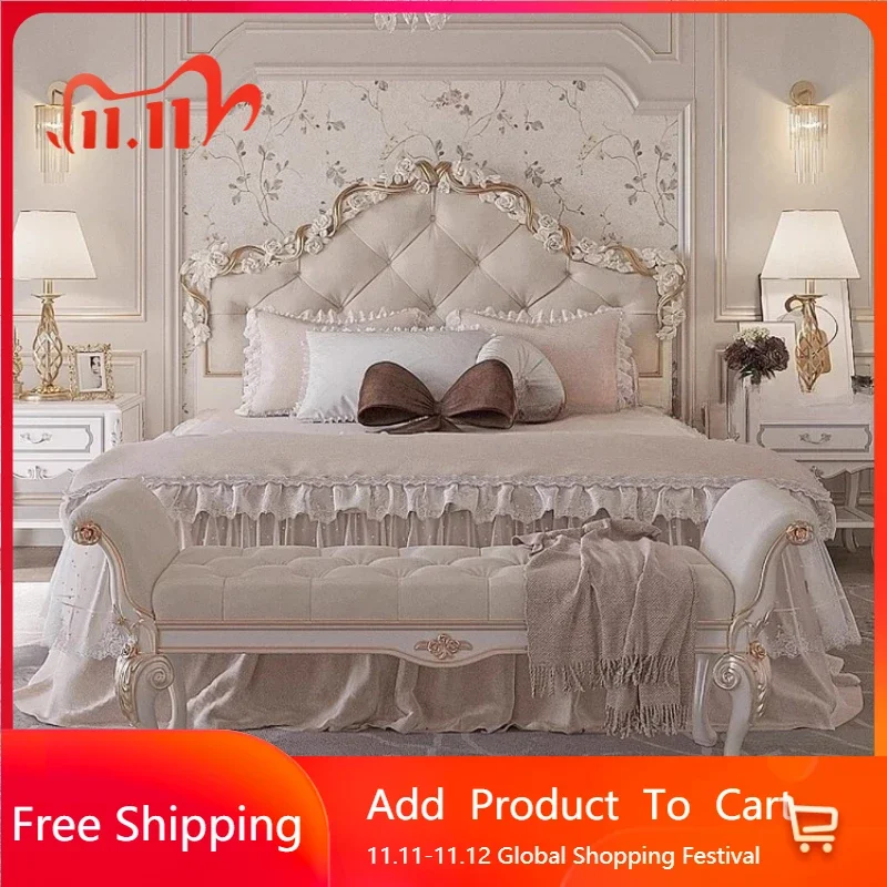 

Princess White European Double Bed Design Minimalist Japanese Pliable Double Bed Frame Wooden Children Cama Postmodern Furniture