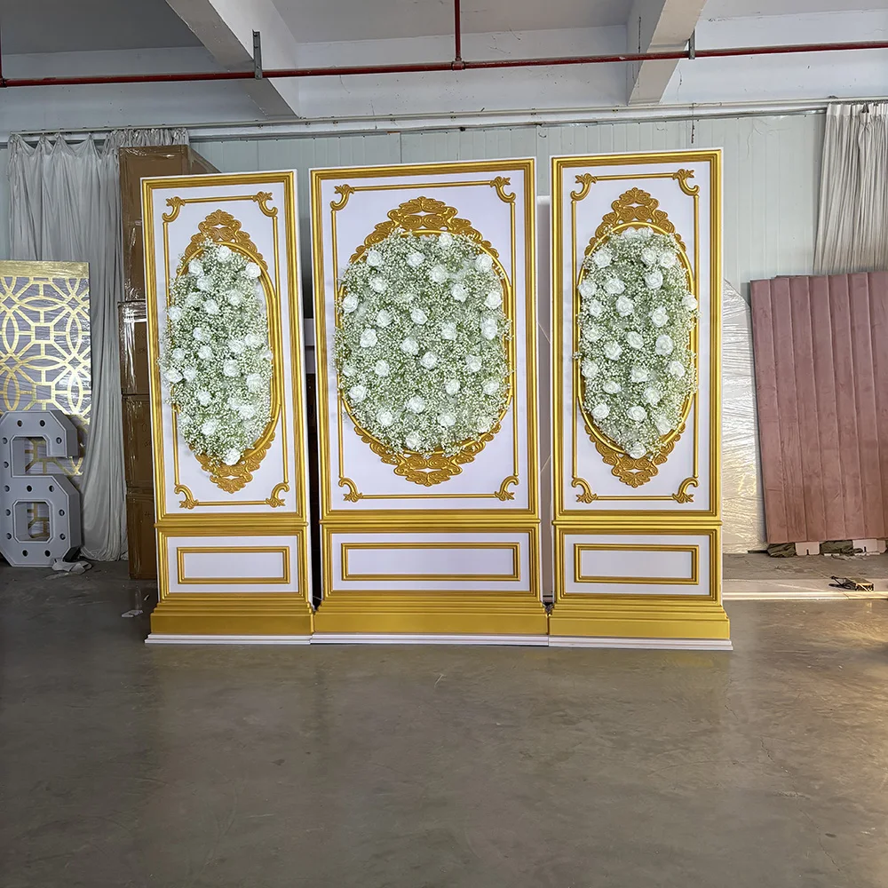 

Royal Luxury PVC Modern Wedding Decoration Backdrop for Event Stage Supplies Background Gold White Event Backdrop Stand